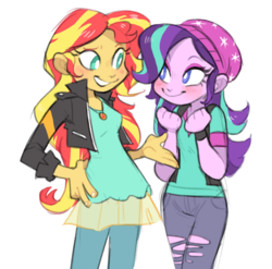 Size: 765x757 | Tagged: safe, artist:xenon, starlight glimmer, sunset shimmer, equestria girls, equestria girls specials, g4, my little pony equestria girls: mirror magic, beanie, blushing, clothes, cute, duo, female, glimmerbetes, hat, looking at each other, shimmerbetes, simple background, smiling, torn clothes, white background