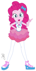 Size: 1030x2048 | Tagged: safe, artist:ilaria122, pinkie pie, equestria girls, equestria girls series, g4, super squad goals, bow, clothes, cute, cutie mark on clothes, diapinkes, female, geode of sugar bombs, hair bow, hand on hip, looking at you, not a vector, open mouth, rah rah skirt, sandals, simple background, skirt, solo, transparent background