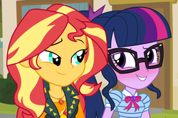 Size: 6000x4000 | Tagged: safe, artist:mlpshipper24, sci-twi, sunset shimmer, twilight sparkle, equestria girls, g4, my little pony equestria girls: better together, absurd resolution, blushing, blushing profusely, clothes, cute, duo, female, geode of empathy, geode of telekinesis, glasses, lesbian, looking at each other, ship:sci-twishimmer, ship:sunsetsparkle, shipping, smiling, twiabetes