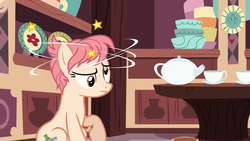 Size: 1280x720 | Tagged: safe, screencap, raspberry vinaigrette, earth pony, pony, discordant harmony, g4, circling stars, cup, derp, dizzy, female, mare, solo, teacup, teapot