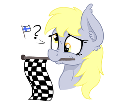 Size: 1269x1141 | Tagged: safe, artist:paskanaakka, derpibooru exclusive, derpy hooves, g4, bust, checkered flag, derp, ear fluff, female, finland, flag, freckles, mouth hold, nose wrinkle, portrait, pun, question mark, simple background, solo, visual pun, white background