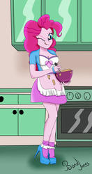 Size: 793x1500 | Tagged: safe, artist:bandijones, pinkie pie, equestria girls, g4, my little pony equestria girls: friendship games, my little pony equestria girls: rainbow rocks, breasts, busty pinkie pie, cleavage, clothes, cooking, cute, high heels, legs, one eye closed, pinup, sexy, shoes, skirt, socks, tongue out, wink
