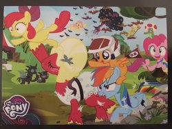 Size: 1200x900 | Tagged: safe, artist:pixelkitties, apple bloom, big macintosh, fluttershy, granny smith, gummy, pinkie pie, rainbow dash, scootaloo, bat pony, changeling, earth pony, pegasus, pony, g4, apple bloom's bow, bow, crossdressing, flag, flutterbat, gummy riding pinkie pie, hair bow, helmet, orchard blossom, ponies riding ponies, race swap, riding, scootaloo riding rainbow dash, scootalove, toad (mario bros), unshorn fetlocks