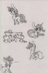 Size: 850x1292 | Tagged: safe, artist:rinioshi, apple bloom, princess luna, scootaloo, sweetie belle, headless horse, pony, g4, sleepless in ponyville, :p, cutie mark crusaders, female, filly, headless, modular, monochrome, sketch, tongue out, traditional art