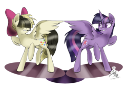 Size: 2300x1660 | Tagged: safe, artist:juliedraw2046, songbird serenade, twilight sparkle, alicorn, pony, g4, my little pony: the movie, bow, duo, female, hair bow, hair over eyes, mare, microphone, raised hoof, simple background, smiling, spread wings, transparent background, twilight sparkle (alicorn), wings