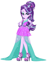Size: 458x604 | Tagged: safe, artist:gihhbloonde, starlight glimmer, equestria girls, equestria girls specials, g4, mirror magic, alternate hairstyle, clothes, dress, eyeshadow, female, gala dress, hand on hip, high heels, looking at you, makeup, shoes, simple background, solo, transparent background