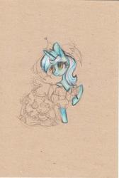 Size: 850x1264 | Tagged: safe, artist:rinioshi, lyra heartstrings, pony, unicorn, g4, clothes, dress, female, looking back, mare, partial color, raised hoof, sketch, solo, traditional art