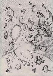 Size: 850x1209 | Tagged: safe, artist:rinioshi, oc, oc only, pony, unicorn, :>, clothes, dress, falling, female, mare, monochrome, sketch, traditional art