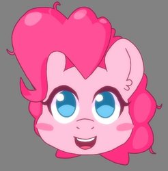 Size: 505x514 | Tagged: safe, artist:omegaozone, pinkie pie, earth pony, pony, g4, blush sticker, blushing, bust, female, gray background, looking at you, mare, open mouth, simple background, smiling, solo