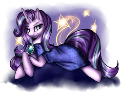Size: 2063x1558 | Tagged: safe, artist:not-ordinary-pony, starlight glimmer, pony, unicorn, g4, abstract background, beautiful, cape, clothes, female, jewelry, looking at you, mare, prone, smiling, smiling at you, solo, starry eyes, stars, wingding eyes