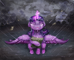 Size: 1600x1300 | Tagged: safe, artist:alina-sherl, twilight sparkle, alicorn, pony, g4, book, crying, eyes closed, female, floppy ears, glowing horn, horn, mare, rain, sitting, solo, twilight sparkle (alicorn)