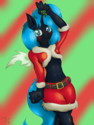 Size: 2112x2816 | Tagged: safe, artist:frist44, oc, oc only, oc:rescue pony, changeling, changeling queen, anthro, belt, blue changeling, blushing, changeling oc, changeling queen oc, christmas, christmas changeling, christmas outfit, clothes, cute, female, high res, holiday, imminent kissing, miniskirt, mistletoe, skirt, solo