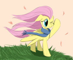 Size: 2268x1850 | Tagged: safe, artist:taurson, fluttershy, pegasus, pony, g4, clothes, female, floppy ears, flowing mane, mare, one eye closed, raised hoof, scarf, solo, wind