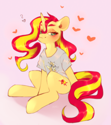 Size: 1428x1603 | Tagged: safe, artist:dagmell, sunset shimmer, pony, unicorn, g4, alternate hairstyle, blushing, clothes, cute, female, foxhound, heart, mare, metal gear, pink background, shimmerbetes, shirt, simple background, sitting, solo, t-shirt