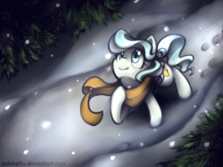 Size: 1024x768 | Tagged: safe, artist:jadekettu, vapor trail, pegasus, pony, g4, clothes, female, hoof on chest, looking up, mare, outdoors, scarf, smiling, snow, snowfall, solo, standing, tree, winter