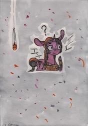 Size: 850x1204 | Tagged: safe, artist:rinioshi, oc, oc only, pony, unicorn, book, bracelet, braid, jewelry, lantern, question mark, solo, traditional art