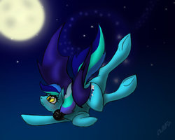 Size: 1024x819 | Tagged: safe, artist:miniferu, oc, oc only, oc:dashing star, bat pony, flying, night