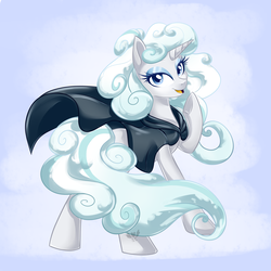 Size: 2000x2000 | Tagged: safe, artist:sapphirescarletta, rarity, pony, unicorn, g4, it isn't the mane thing about you, alternate hairstyle, cape, clothes, cloud mane, digital art, female, high res, lidded eyes, looking at you, looking back, looking back at you, mare, raised hoof, smiling, solo, underhoof