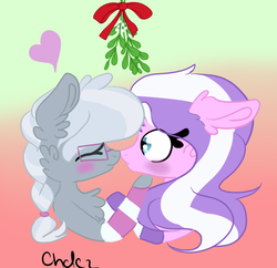 Size: 835x808 | Tagged: safe, artist:chrissydrawscz, diamond tiara, silver spoon, earth pony, pony, g4, blushing, chest fluff, clothes, eyes closed, female, heart, lesbian, mare, mistletoe, older, older diamond tiara, older silver spoon, ship:silvertiara, shipping, socks, striped socks