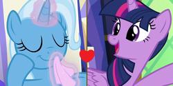 Size: 1000x500 | Tagged: safe, artist:prideponies, edit, edited screencap, screencap, trixie, twilight sparkle, alicorn, pony, g4, duo, female, heart, lesbian, ship:twixie, shipping, shipping domino, twilight sparkle (alicorn), wiping