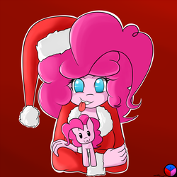Size: 1280x1280 | Tagged: safe, artist:genericmlp, pinkie pie, earth pony, human, pony, equestria girls, g4, :3, christmas, clothes, costume, female, hat, holiday, human ponidox, mare, plushie, red background, santa costume, santa hat, self plushidox, self ponidox, simple background, solo, tongue out