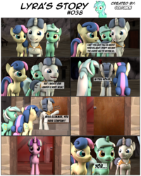 Size: 3928x4916 | Tagged: safe, artist:goatcanon, bon bon, lyra heartstrings, party favor, starlight glimmer, sweetie drops, comic:lyra's story, g4, 3d, comic, dialogue, our town, source filmmaker, starlight's village