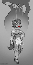 Size: 1280x2514 | Tagged: safe, artist:sutibaruart, oc, oc only, oc:moniker, oc:monique, anthro, alternate hairstyle, apron, bimbo, bimbo oc, body control, breasts, cleavage, clothes, grayscale, housewife, marionette, monochrome, shoes