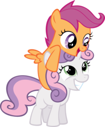 Size: 663x805 | Tagged: safe, artist:shnakes, scootaloo, sweetie belle, pegasus, pony, unicorn, g4, cute, cutealoo, diasweetes, female, filly, foal, grin, horn, open mouth, open smile, ponies riding ponies, riding, scootahat, scootaloo riding sweetie belle, smiling, spread wings, wings