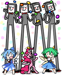 Size: 726x877 | Tagged: safe, artist:gingerfoxy, edit, pinkie pie, earth pony, fairy, pony, pony comic generator, g4, cirno, daiyousei, female, juggling, mare, rhythm heaven, rhythm heaven fever, the tall tappers, touhou