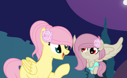 Size: 1280x789 | Tagged: safe, artist:rose-moonlightowo, fluttershy, oc, oc:chaotic kindness, hybrid, pony, g4, alternate hairstyle, baby, baby pony, base used, female, flower, flower in hair, interspecies offspring, mother and daughter, offspring, parent:discord, parent:fluttershy, parents:discoshy