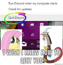 Size: 1103x1136 | Tagged: safe, discord, fluttershy, draconequus, pegasus, pony, g4, discord (program), female, implied discoshy, implied shipping, implied straight, male, mare, namesake, pun, teary eyes