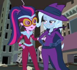 Size: 3480x3128 | Tagged: safe, artist:themexicanpunisher, mare do well, trixie, twilight sparkle, equestria girls, g4, clothes, costume, female, high res, lesbian, masked matter-horn costume, power ponies, ship:twixie, shipping, smiling