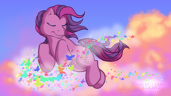 Size: 1920x1080 | Tagged: safe, artist:anscathmarcach, skywishes, butterfly, earth pony, pony, dancing in the clouds, g3, complex background, female, flying, sky, solo, sunset