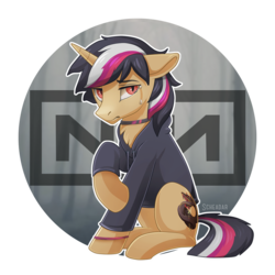 Size: 900x900 | Tagged: safe, artist:scheadar, oc, oc only, pony, unicorn, clothes, crying, hoodie, logo, male, nine inch nails, simple background, sitting, solo, transparent background