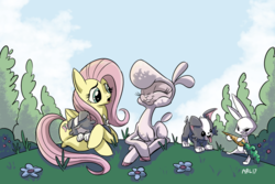 Size: 1024x683 | Tagged: safe, artist:lytlethelemur, angel bunny, fluttershy, pom (tfh), dog, lamb, pegasus, pony, sheep, them's fightin' herds, g4, cloven hooves, community related, crossover, eyes closed, female, folded wings, grass, group, mare, prone, puppy, quartet, smiling, talking, tree