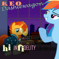 Size: 1200x1200 | Tagged: safe, artist:grapefruitface1, rainbow dash, sunburst, pegasus, pony, unicorn, g4, 80s, album cover, bedroom eyes, cape, clothes, duo, female, infidelity, male, mare, night, parody, ponified, ponified album cover, record player, reo speedwagon, retro, show accurate, stallion
