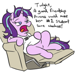 Size: 565x529 | Tagged: safe, artist:jargon scott, starlight glimmer, pony, unicorn, g4, bags under eyes, chair, clothes, dialogue, equal cutie mark, fat, female, lazy, mare, messy mane, neet, obese, open mouth, recliner, reclining, shirt, simple background, sitting, slob, solo, speech, text, white background