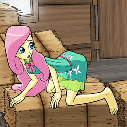 Size: 3000x3000 | Tagged: safe, artist:artemis-polara, fluttershy, equestria girls, g4, barefoot, clothes, commission, feet, female, hay bale, high res, looking back, open mouth, solo