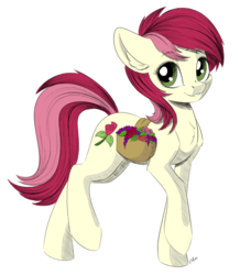 Size: 3310x3803 | Tagged: safe, artist:faline-art, artist:trevorrain, roseluck, earth pony, pony, g4, chest fluff, collaboration, ear fluff, female, flower, high res, mare, saddle bag, simple background, smiling, solo, white background