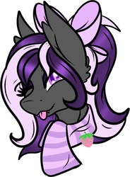 Size: 664x901 | Tagged: safe, artist:despair, oc, oc only, oc:nightwalker, bat pony, bat pony oc, bow, bust, clothes, cute, fangs, food, one eye closed, scarf, solo, strawberry, tongue out, wink