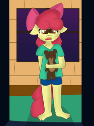 Size: 2274x3039 | Tagged: safe, artist:skyflys, apple bloom, earth pony, anthro, g4, barefoot, clothes, colored pupils, cute, feet, female, filly, floppy ears, foal, high res, night, teddy bear, younger