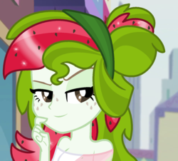 Size: 1222x1103 | Tagged: safe, artist:monkfishyadopts, oc, oc only, oc:watermelana, equestria girls, g4, base used, city, equestria girls-ified, freckles, looking at you, solo, thinking