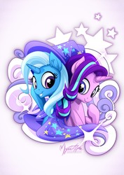 Size: 955x1351 | Tagged: safe, artist:mysticalpha, starlight glimmer, trixie, pony, unicorn, g4, cape, clothes, duo, female, hat, hoof over mouth, mare, raised hoof, smiling, stars, trixie's cape, trixie's hat