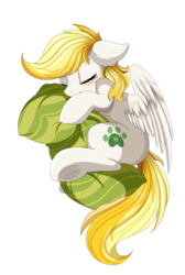 Size: 2008x2983 | Tagged: safe, artist:pridark, oc, oc only, oc:dandelion blossom, pegasus, pony, commission, cute, female, high res, hug, mare, paw prints, pillow, pillow hug, simple background, sleeping, solo, transparent background