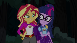 Size: 1280x720 | Tagged: safe, screencap, sci-twi, sunset shimmer, twilight sparkle, equestria girls, g4, my little pony equestria girls: legend of everfree, backpack, clothes, duo, female, forest, glasses, lidded eyes, scenery, shipping fuel, shorts