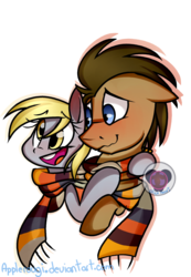 Size: 1024x1482 | Tagged: safe, artist:applerougi, derpy hooves, doctor whooves, time turner, earth pony, pegasus, pony, g4, bust, clothes, female, fourth doctor's scarf, male, mare, open mouth, scarf, shared clothing, ship:doctorderpy, shipping, simple background, smiling, stallion, straight, striped scarf, transparent background, watermark