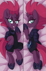Size: 1355x2084 | Tagged: safe, artist:pearlyiridescence, tempest shadow, pony, g4, my little pony: the movie, armor, bed, body pillow, body pillow design, broken horn, butt, clothes, eye scar, grin, horn, on back, plot, prone, scar, shoes, smiling, tempass, underhoof