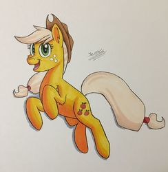 Size: 1300x1333 | Tagged: safe, artist:hypno, applejack, earth pony, pony, g4, female, hat, jumping, mare, smiling, solo, traditional art