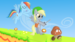 Size: 1920x1080 | Tagged: safe, artist:disicut, derpy hooves, rainbow dash, goomba, g4, facehoof, female, fire flower, grass, link, mare, platformer, sky, super mario bros., sword, the legend of zelda, weapon, wrong game