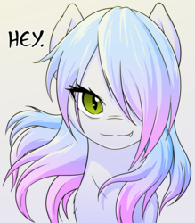 Size: 1280x1458 | Tagged: safe, artist:suspega, oc, oc only, oc:vorepone, pony, bust, dialogue, fangs, female, flowing mane, gradient background, hair over one eye, looking at you, mare, portrait, slit pupils, smiling, solo